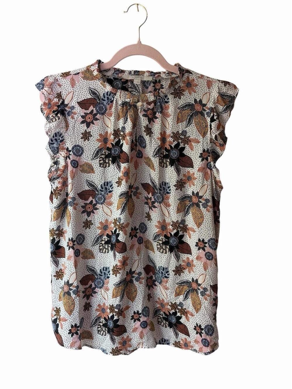 Women's Floral Multicolor Chiffon Blouse Round Neck  Ruffle Sleeve L